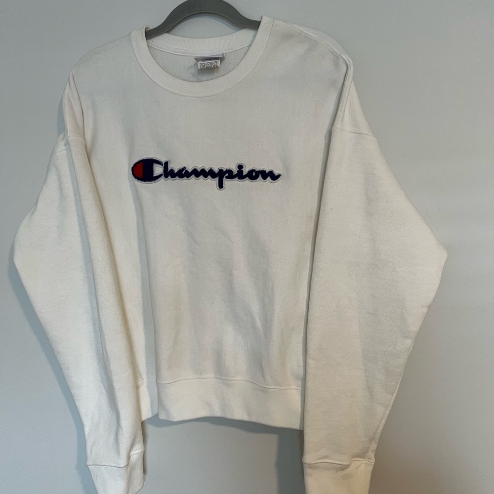 White Embroidered Champion Sweatshirt
